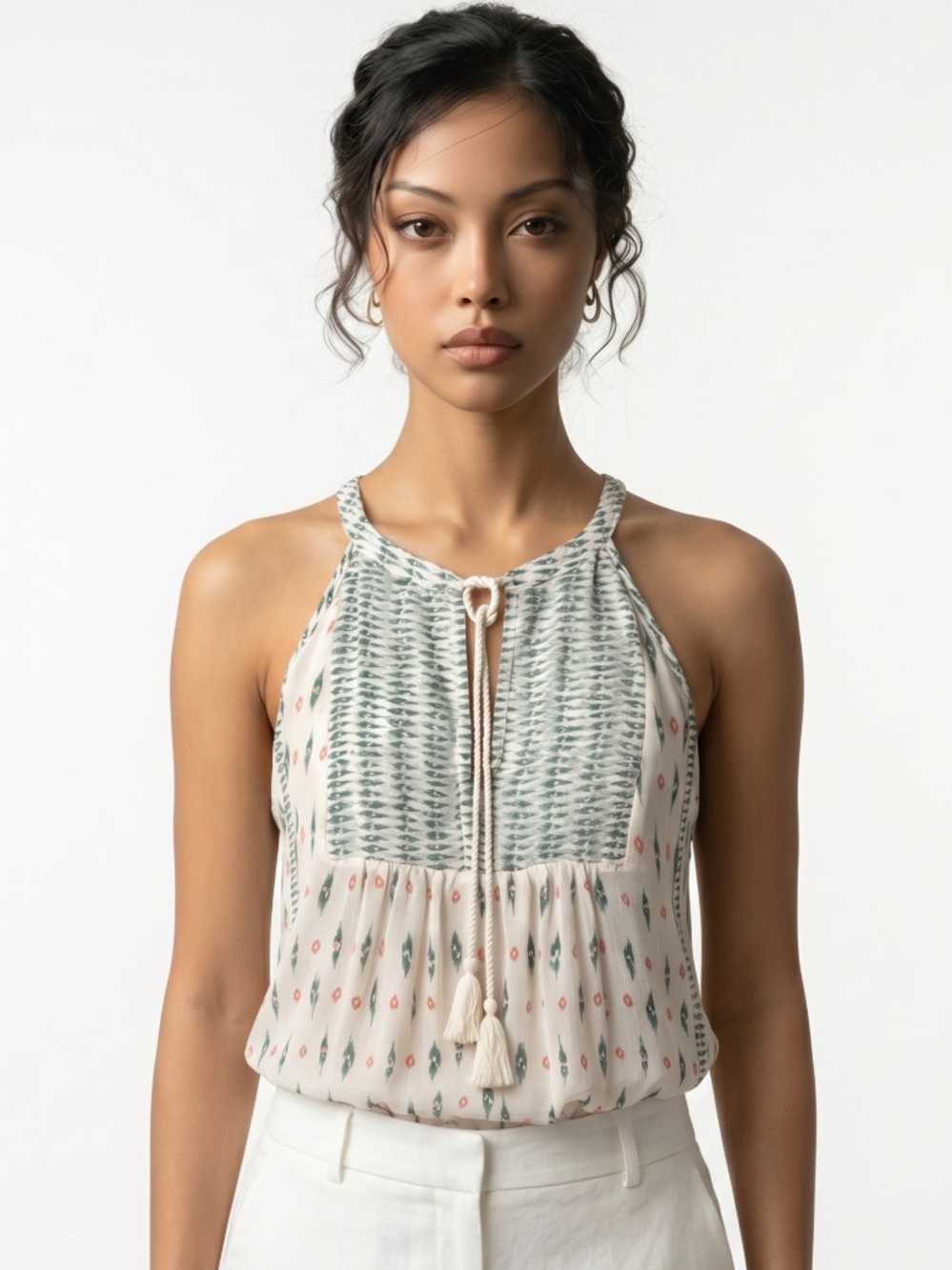JOIE Blouse 100% Silk Sheer Sleeveless Halter Tassel V Neckline Green Ivory XS